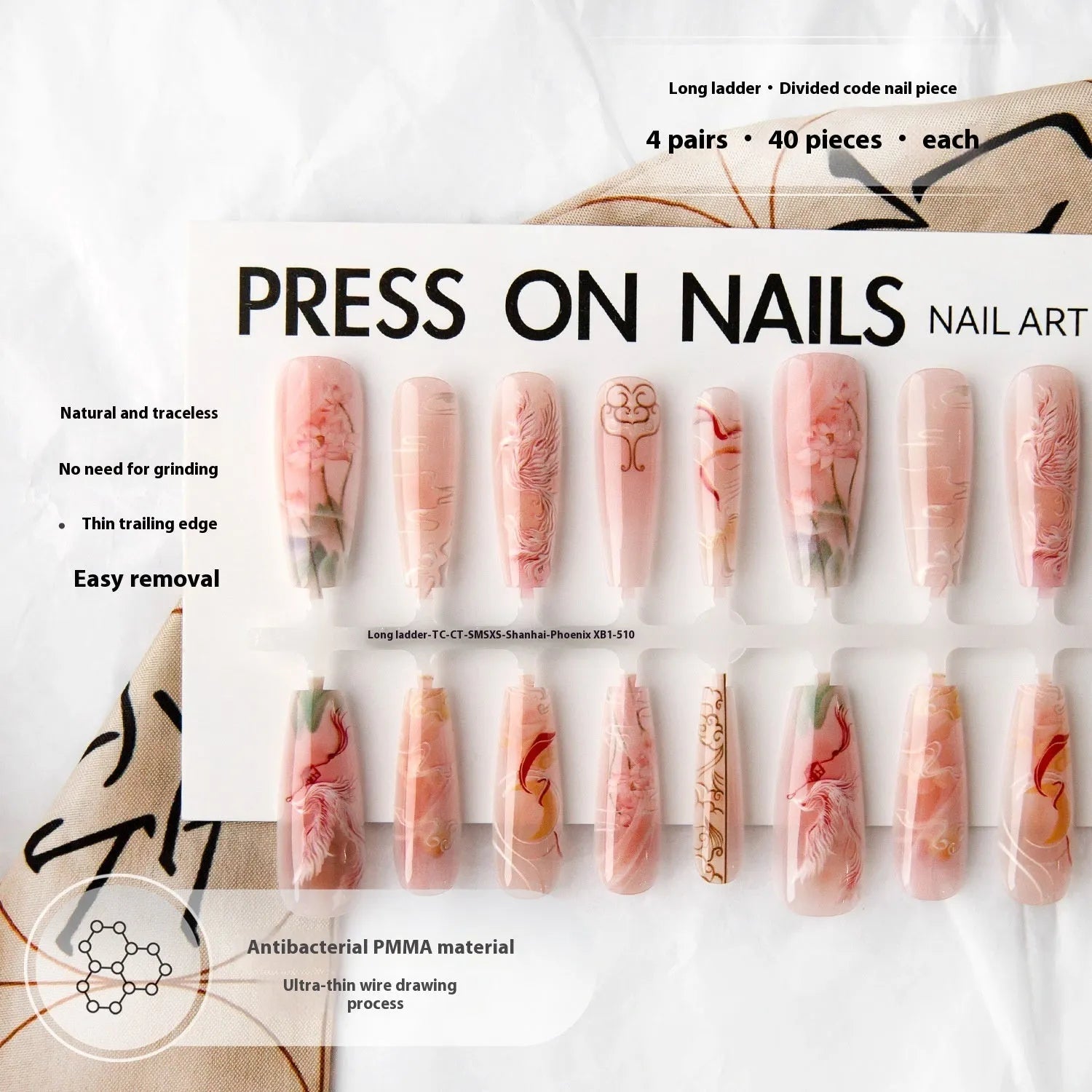 Nine tail fox ink painting long ladder glossy nail sticker set on hand showing retro affordable luxury style