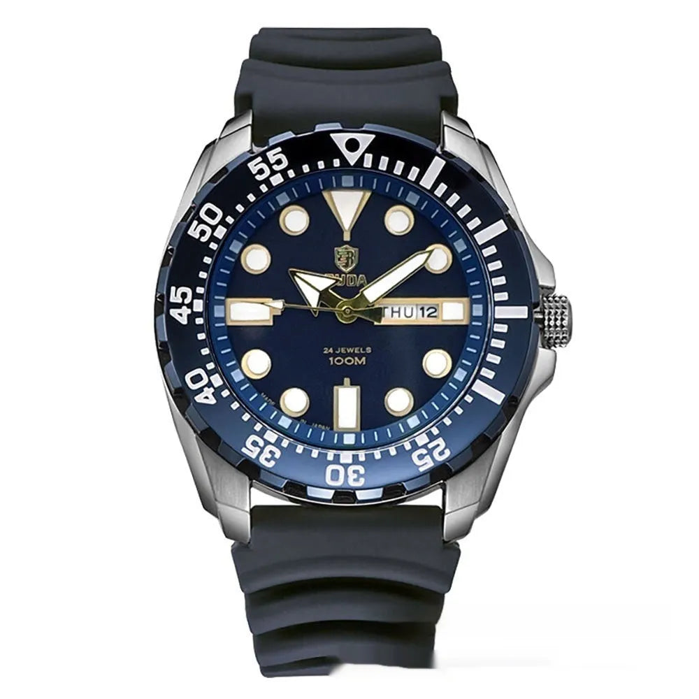 Men's waterproof luminous quartz watch with blue case and steel strap showing sporty 15mm design