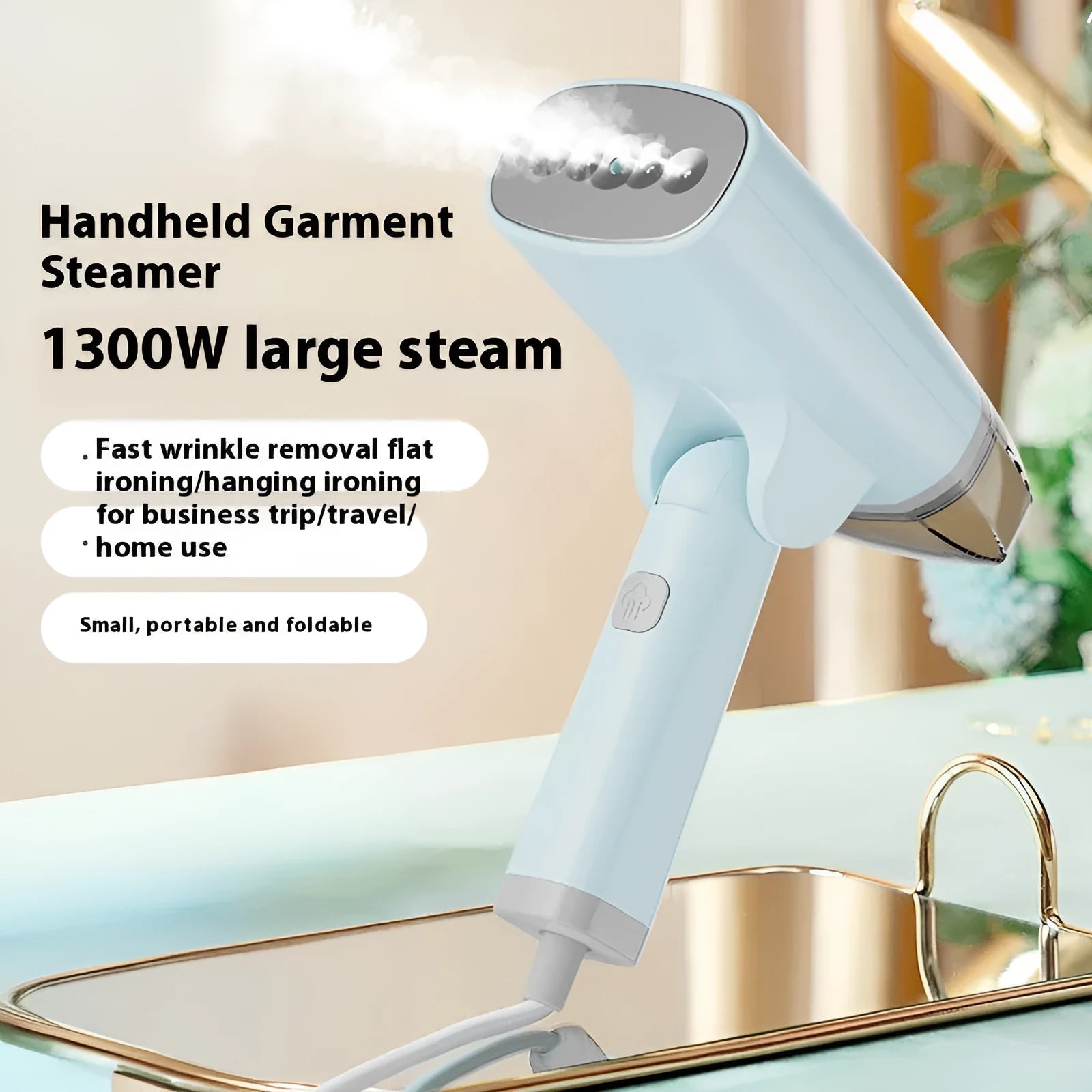 Handheld garment steamer in white or blue with mechanical controls and compact design
