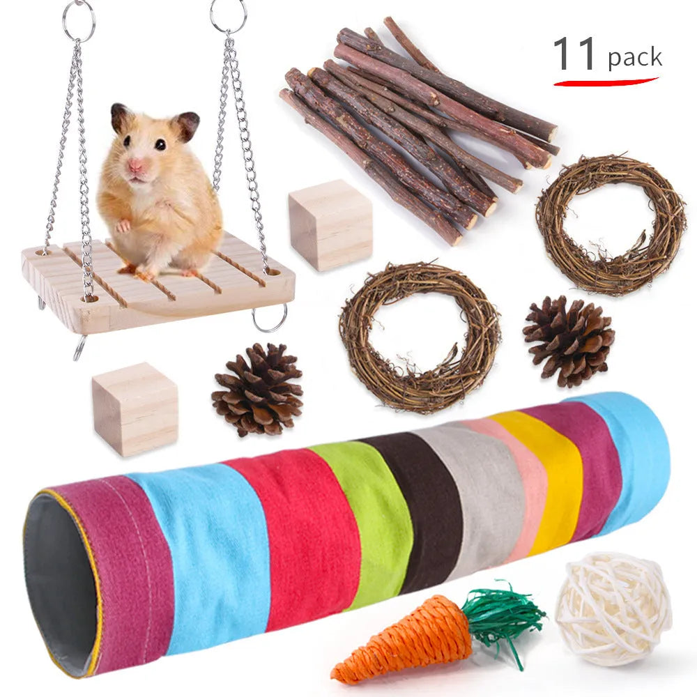 Wooden pet chewing toys bundle for rabbits guinea pigs and parrots with natural wood materials