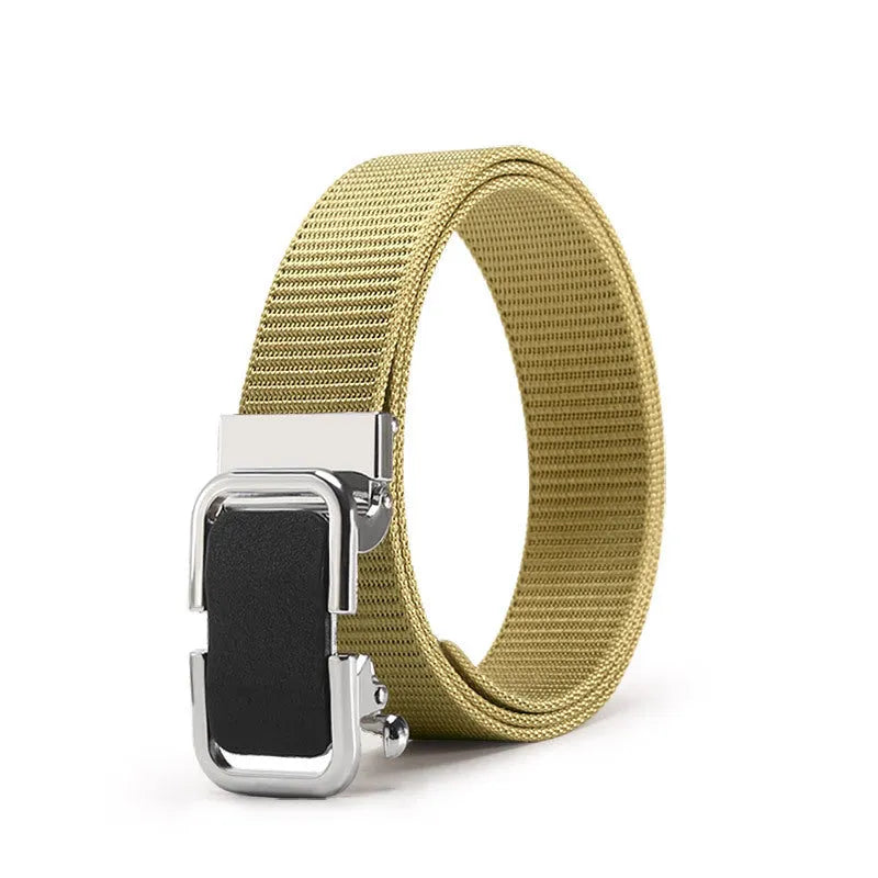 Men's nylon canvas belt with alloy buckle and toothless clasp in khaki colour