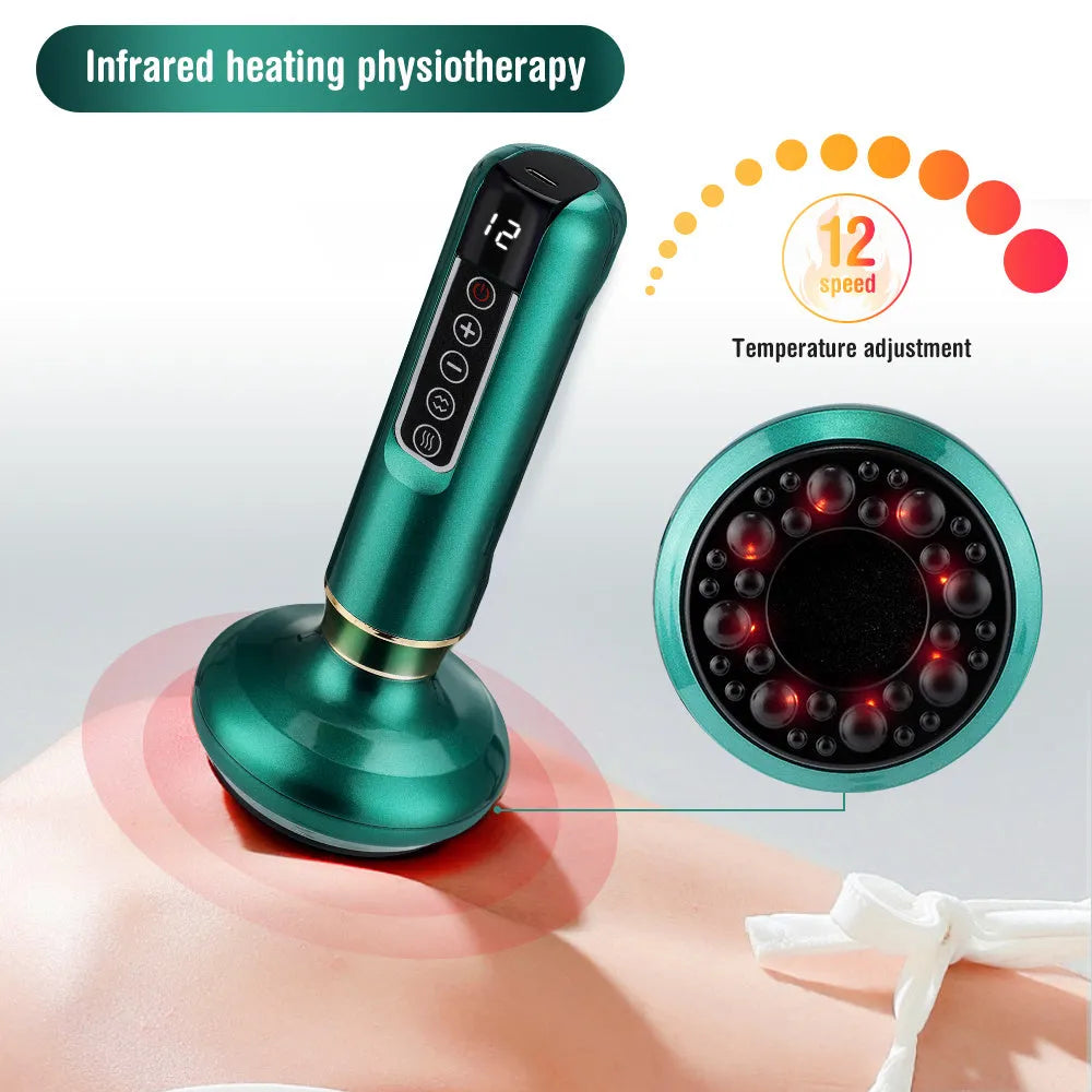 Green electric vacuum cupping massager with USB charger and essential oil head