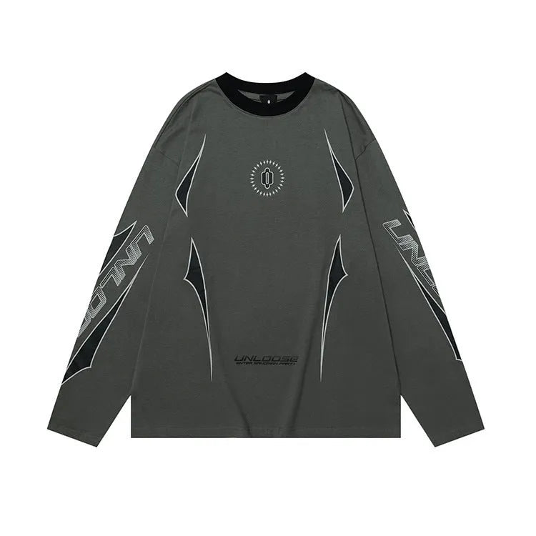 Men's loose grey cotton drop shoulder sweatshirt with long sleeves and letter print.
