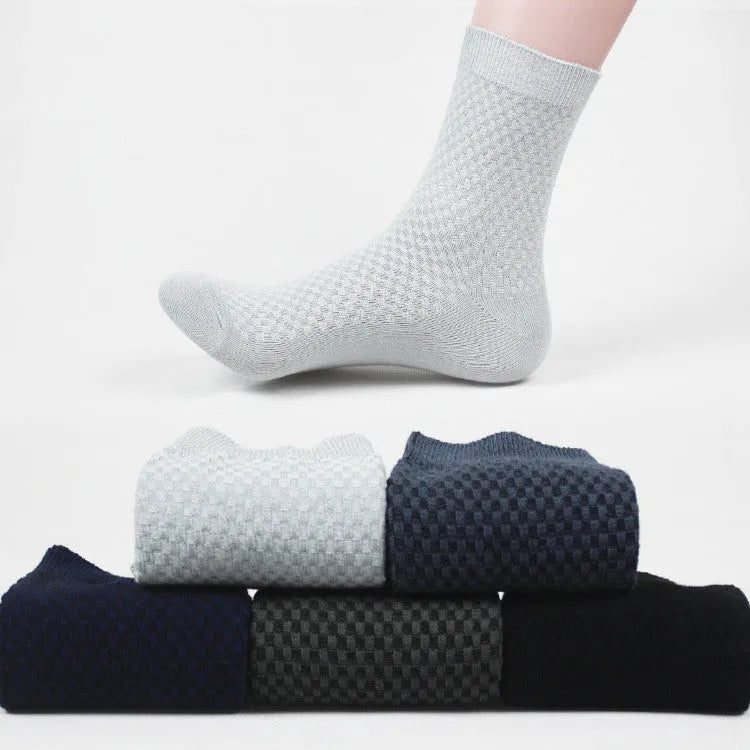 Men's bamboo fibre business socks with small square pattern, shown in colour options including black and navy blue.