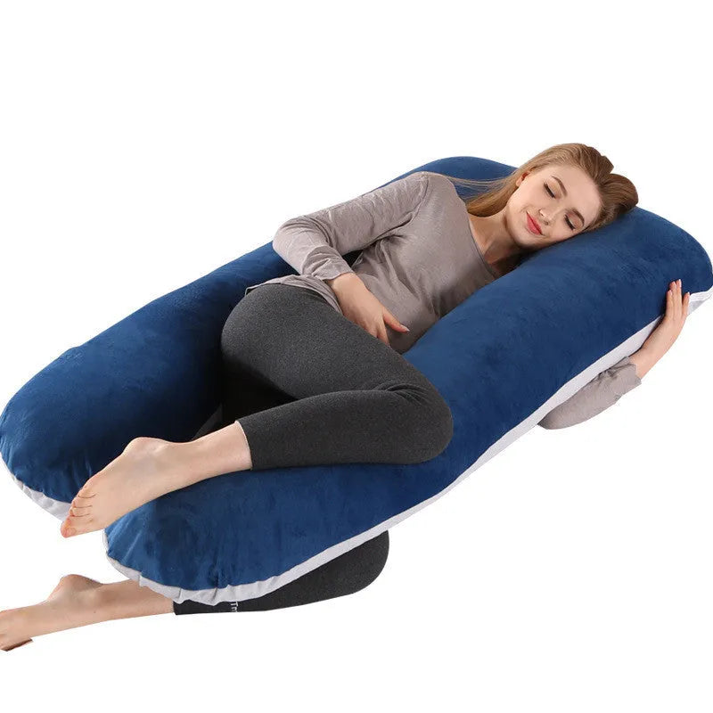 Large U-shaped pregnancy support pillow with removable cover in choice of fabrics.