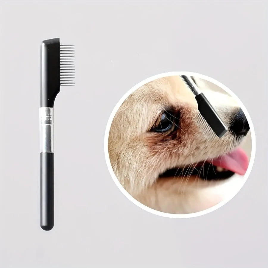 Black pet grooming brush with soft bristles for tear stain removal and integrated comb section