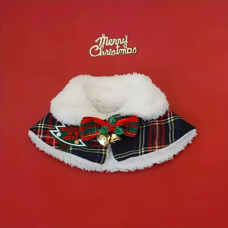 Festive pet scarf with holiday pattern in red and blue colours, shown draped as a winter accessory