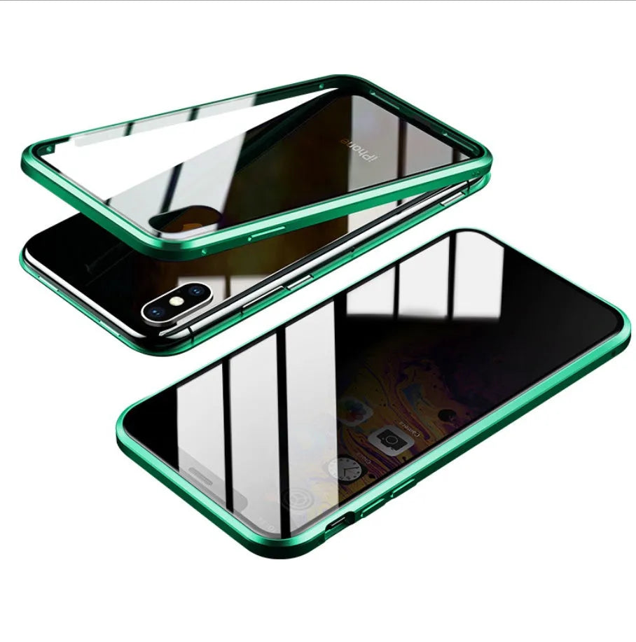 Anti-spy glass clamshell phone case in geometric design for iPhone, shown in multiple colour options