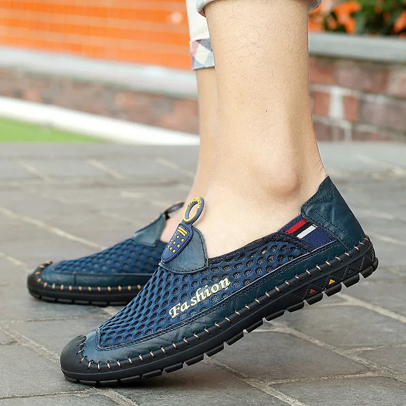 Men's brown breathable mesh casual shoes with round toe and non-slip rubber sole