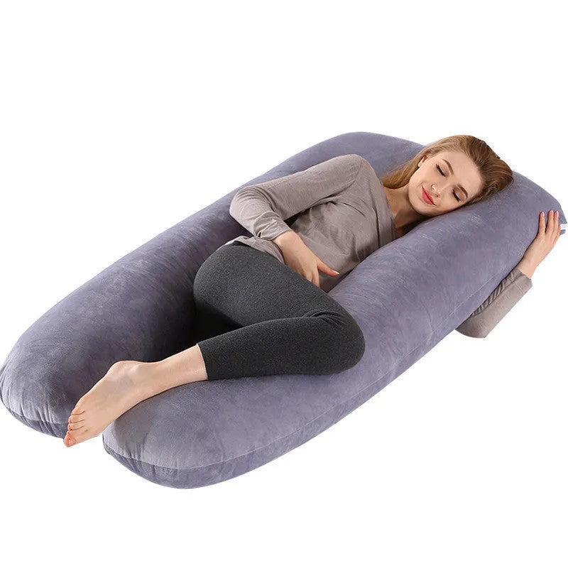 Large U-shaped pregnancy support pillow with removable cover in choice of fabrics.