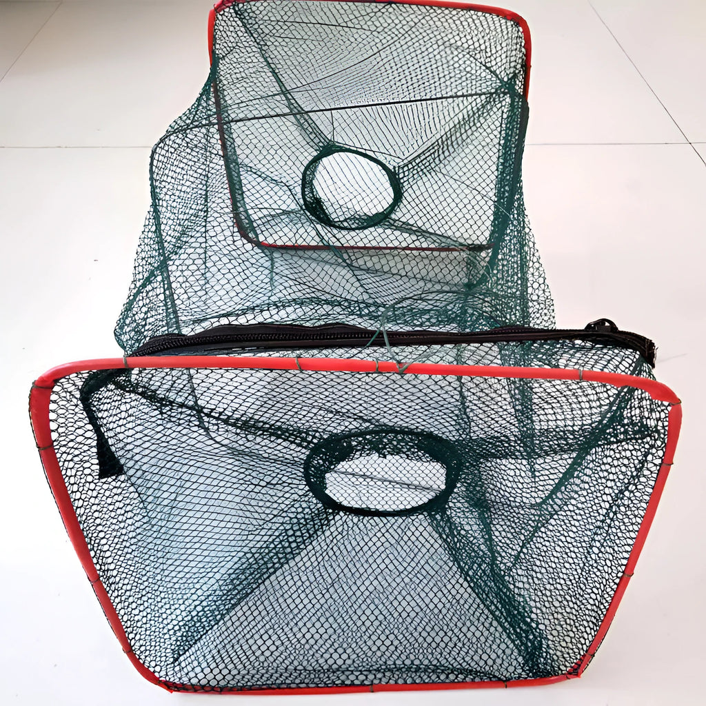 Two-hole folding lobster basket made from nylon with collapsible design and red plastic tube option for saltwater fishing