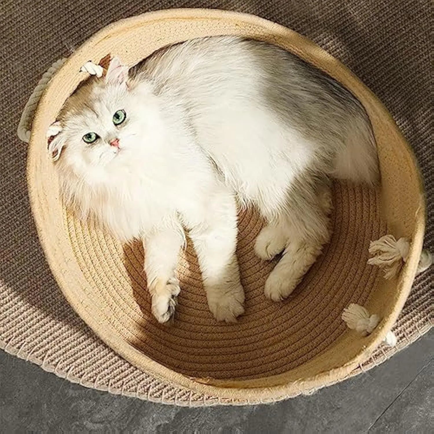Rectangular wicker cat bed basket with corrugated scratching side, shown in small and large size options.