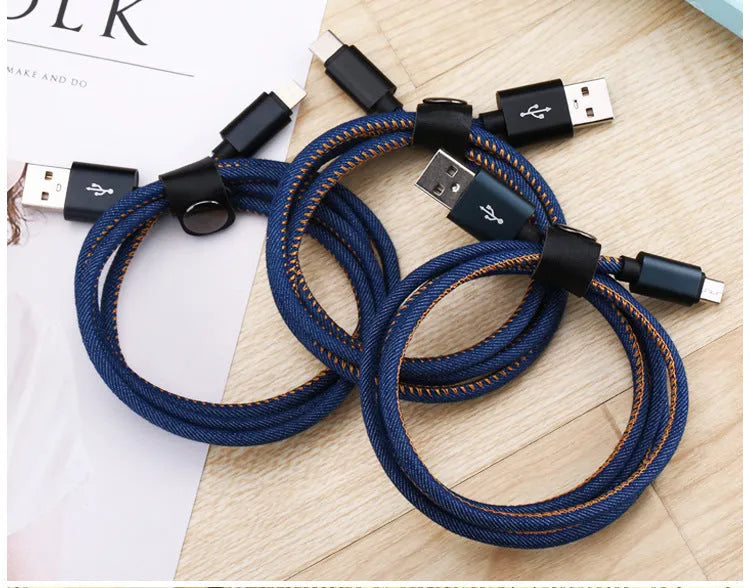 Denim braided Type-C charging cable with aluminium alloy connector in black, blue, or red colours