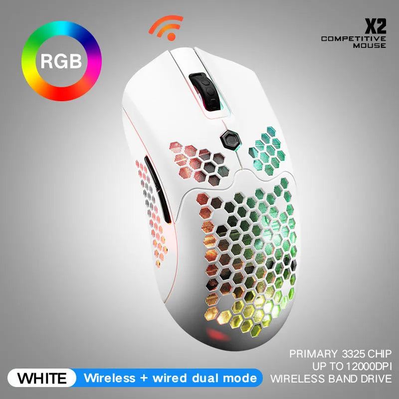 Free Wolf X2 wireless RGB gaming mouse in multiple colour options on gaming desk