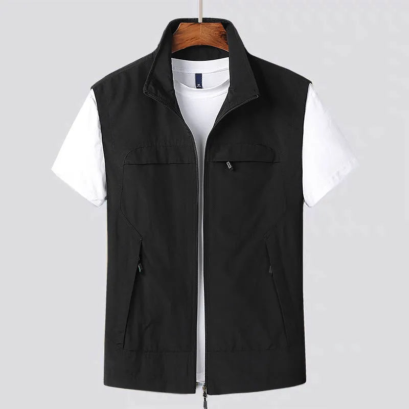 Multi-pocket waterproof hooded vest in stripe pattern available in khaki green black blue colours