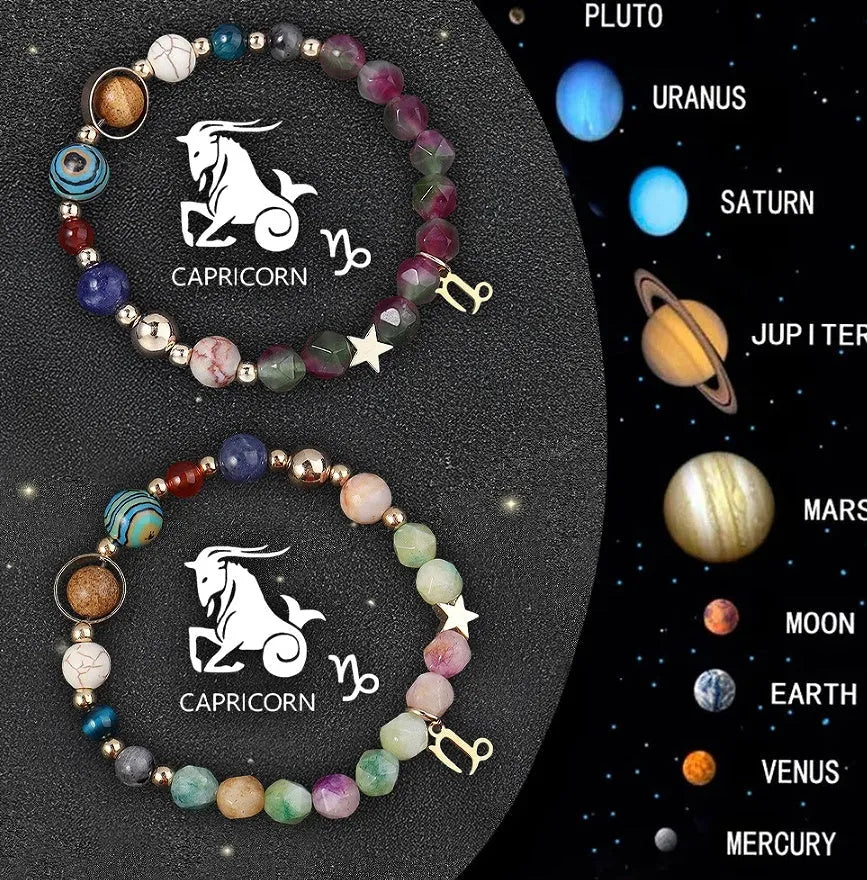 Set of two natural stone beaded bracelets for the twelve zodiac signs.