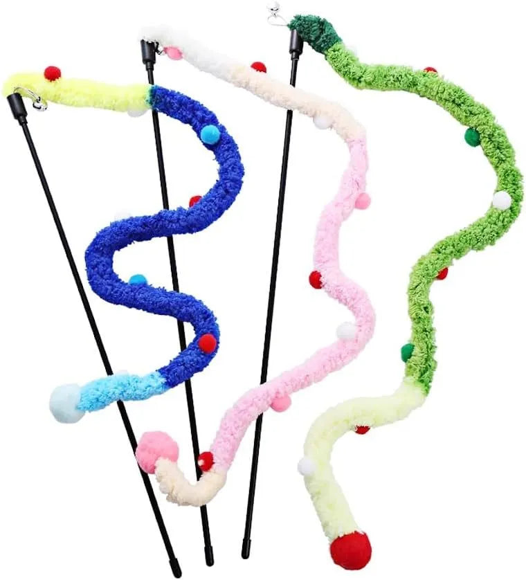 Interactive cat wand toy with blue plush strip, colourful fluffy ball and bell on 41cm pole