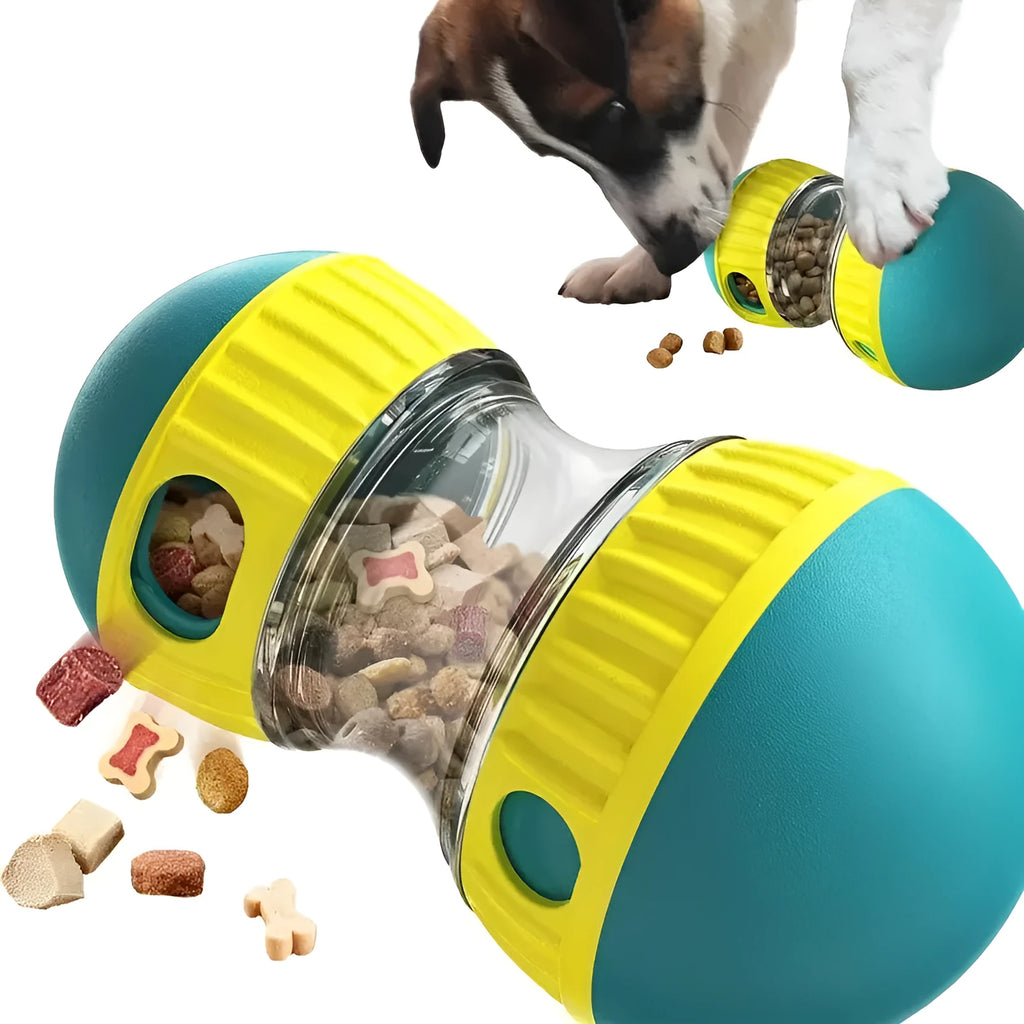 Blue adjustable treat dispenser toy for dogs with dual spheres and food dispensing holes