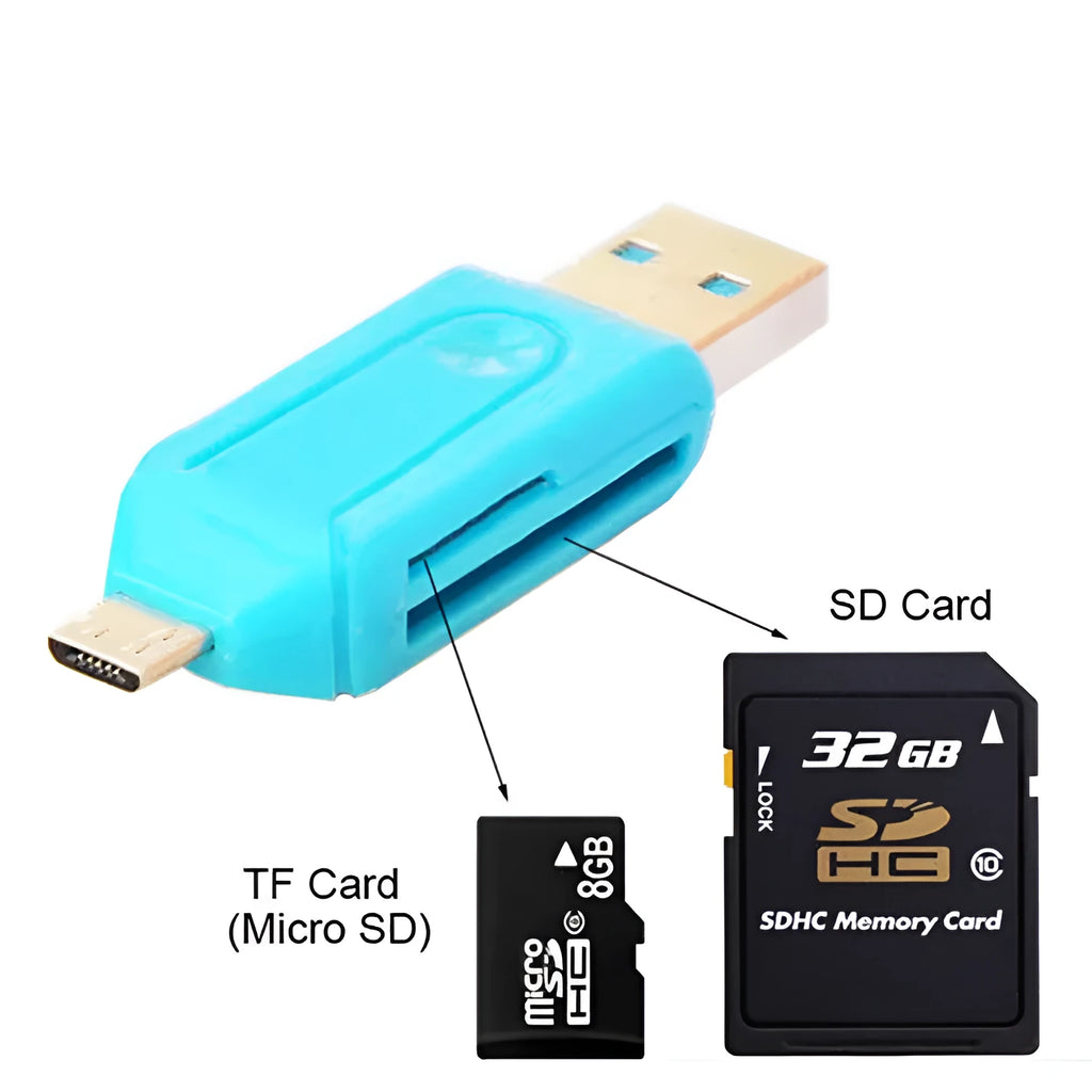 White OTG card reader with micro USB connector for Android phones and computers with SD and TF card slots