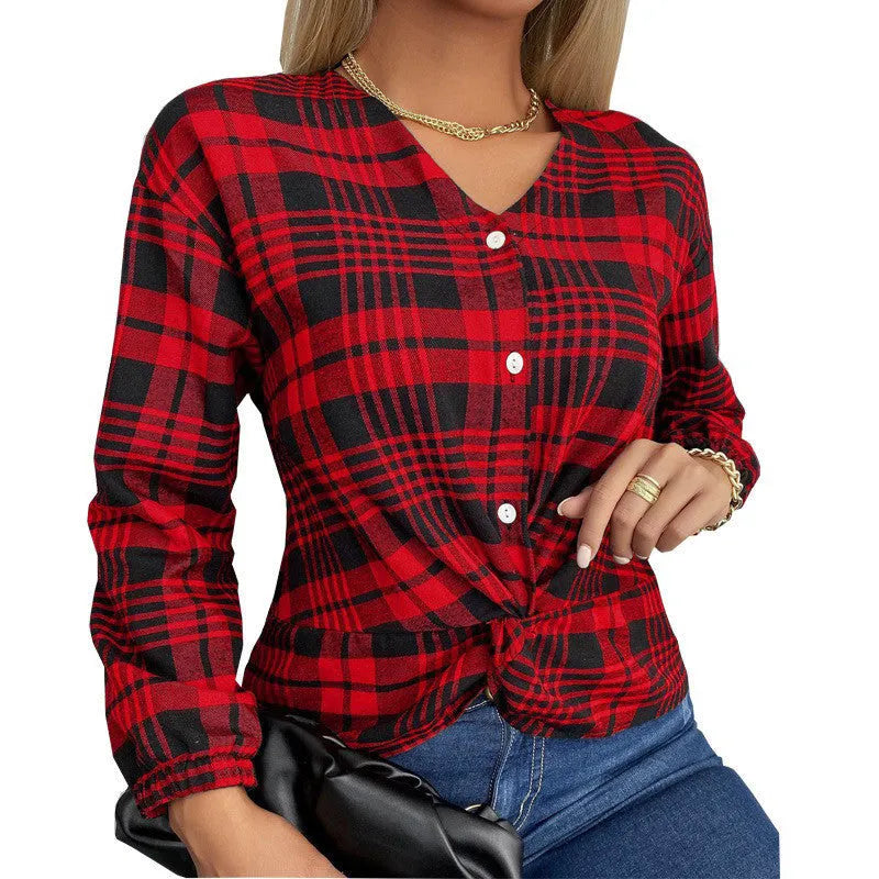 Women's plaid casual loose shirt in purple, grey or red with regular sleeves