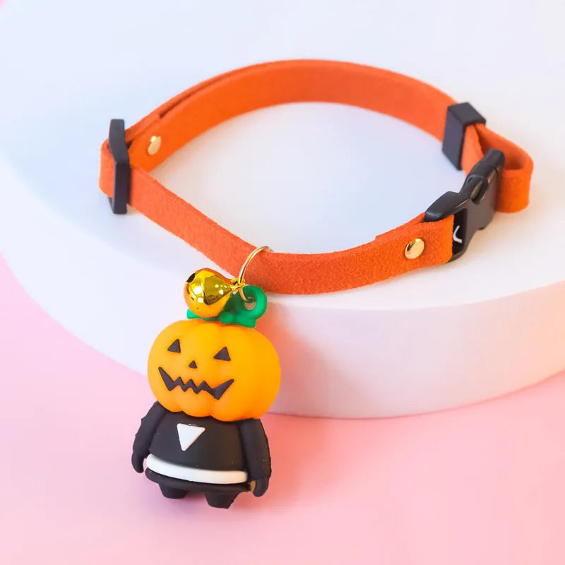 Halloween pet collar decoration showing pumpkin man, luminous brat, and luminous skull cartoon patterns on polyester collar
