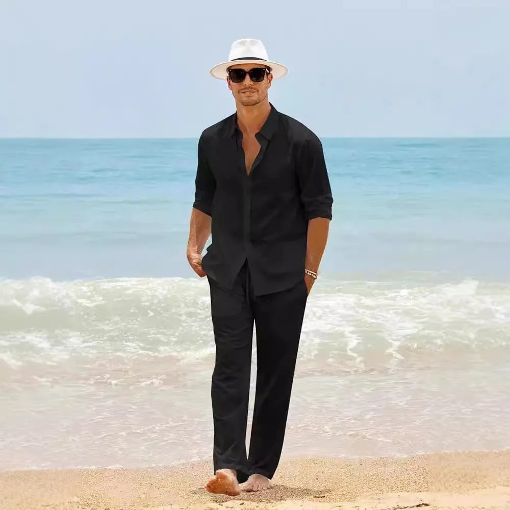 Men's cotton long sleeve casual set top and trousers in multiple colours including black white gray khaki sky blue