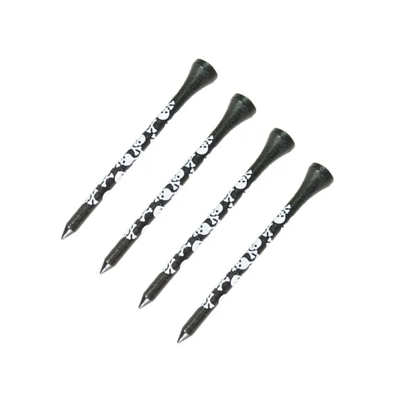 Pack of ten black bamboo golf spike dowel pins with skull print, showing 70mm and 83mm length options
