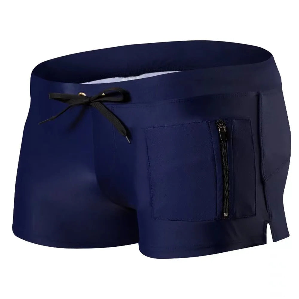Men's black high-waist swimming trunks with a lace-up front, made from polyester and spandex.