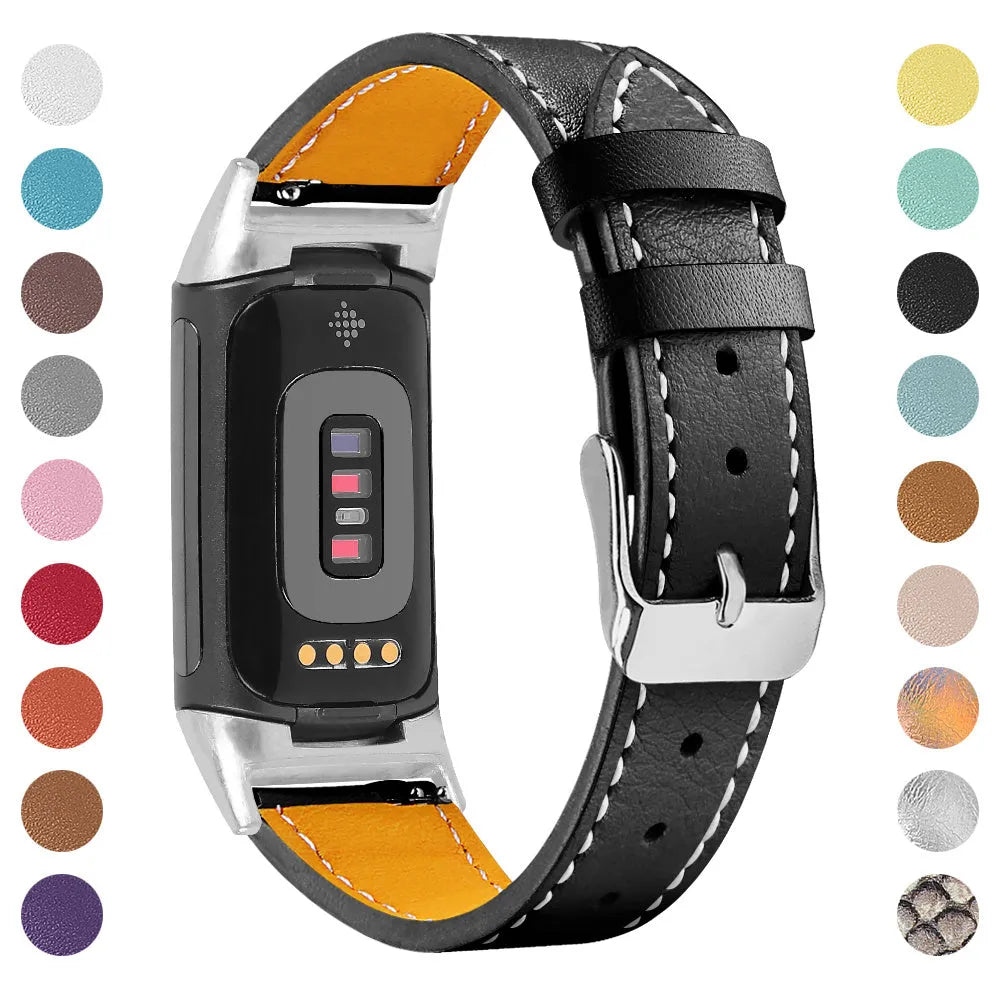 Genuine brown leather watch strap for Fitbit Charge 5 and Charge 6 smartwatches.