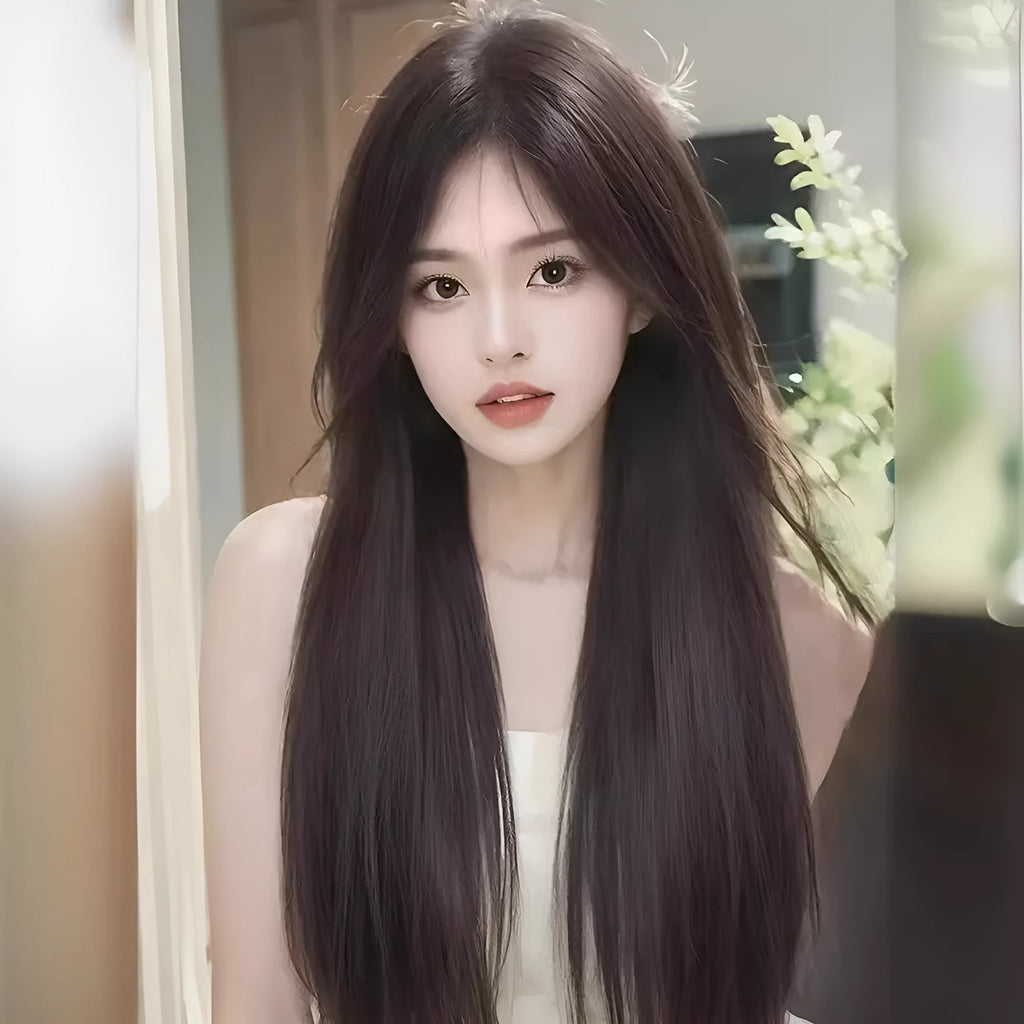 Forehead lace long straight full-head wig in dark brown colour with side bangs styling