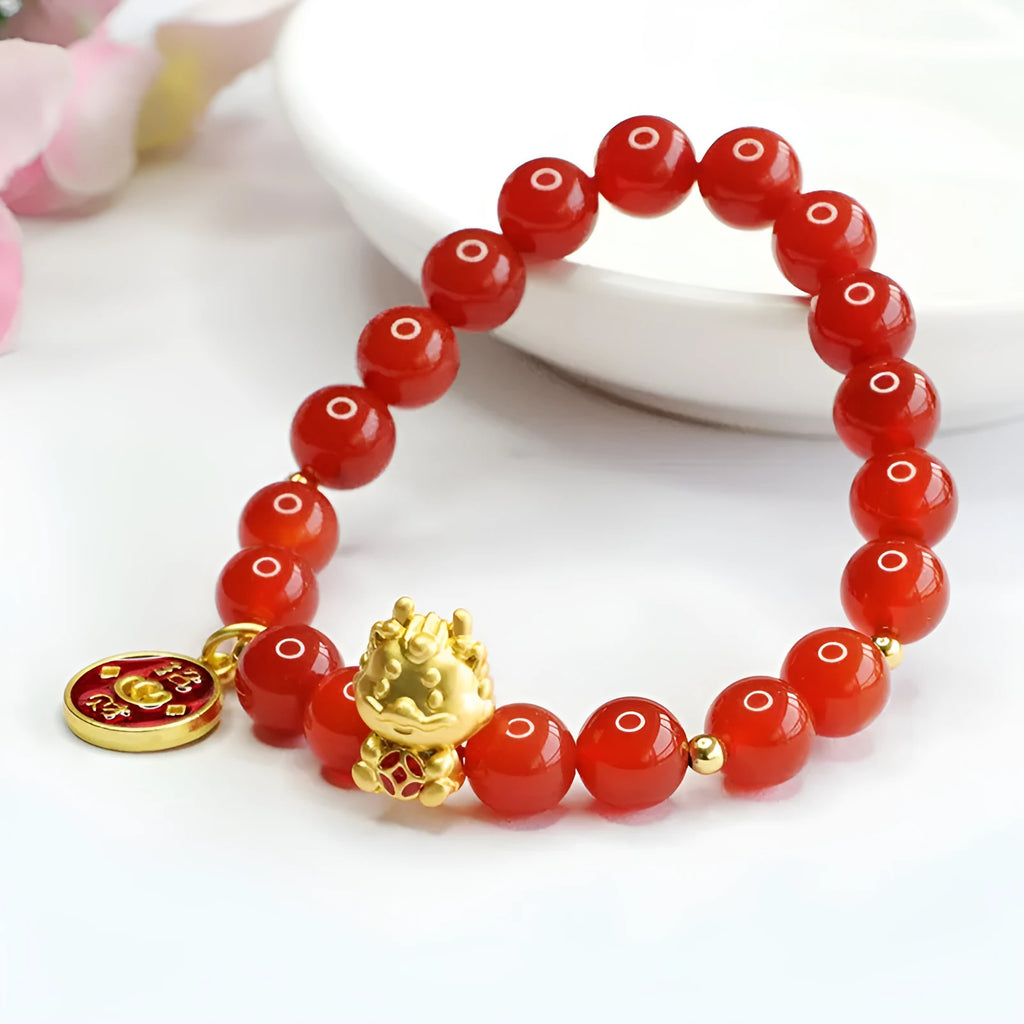 Red agate stone bead dragon zodiac bracelet with traditional Chinese design