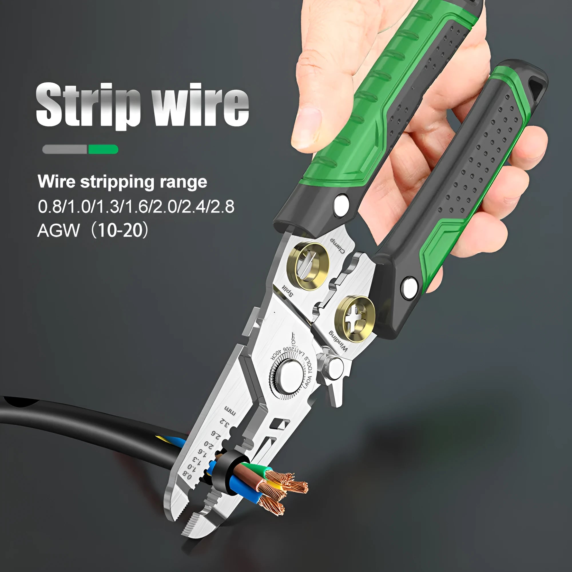 Stainless steel multifunction wire stripper with seven sized ports and two-colour handle