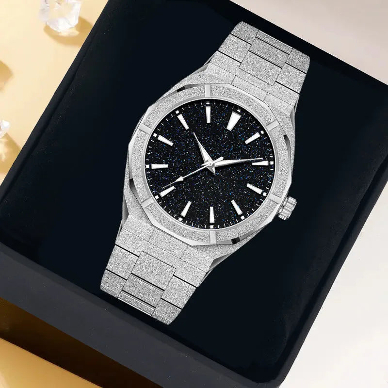 Men's stainless steel business watch with luminous markers and frosted finish