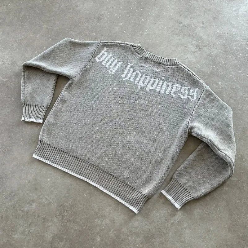 Grey jacquard loose-fitting knitwear coat with long sleeves for autumn and winter