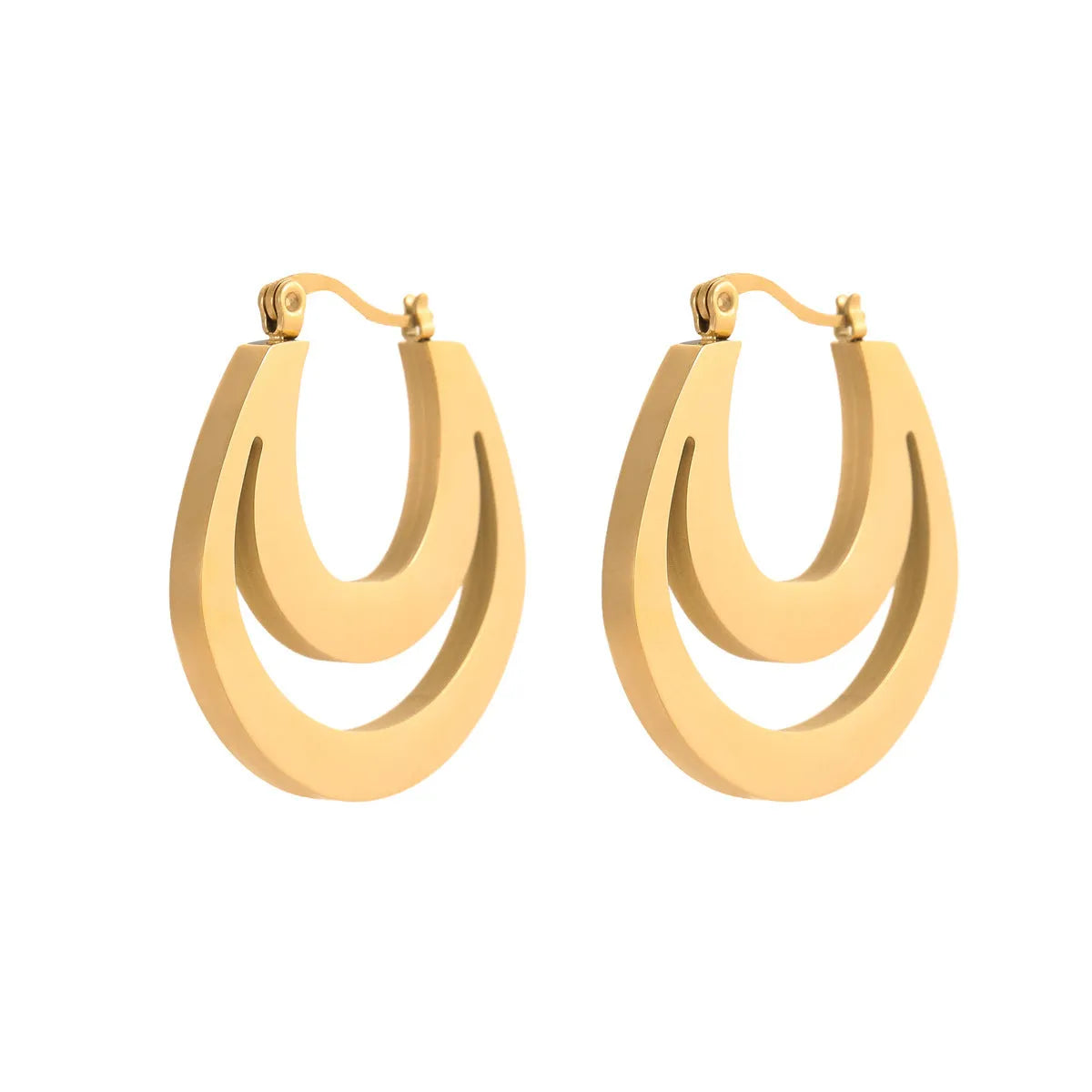 Geometric French hook earrings with round design in gold and steel metallic finishes