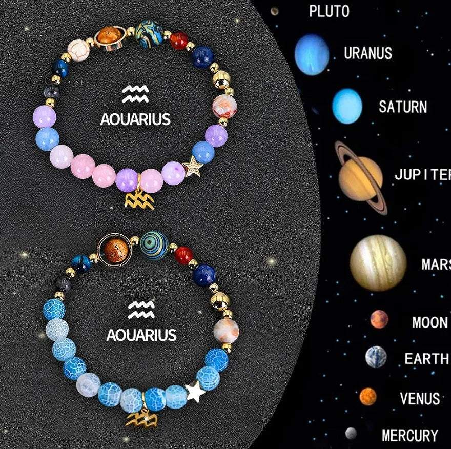 Set of twelve natural stone beaded bracelets with individual zodiac charms for each horoscope sign