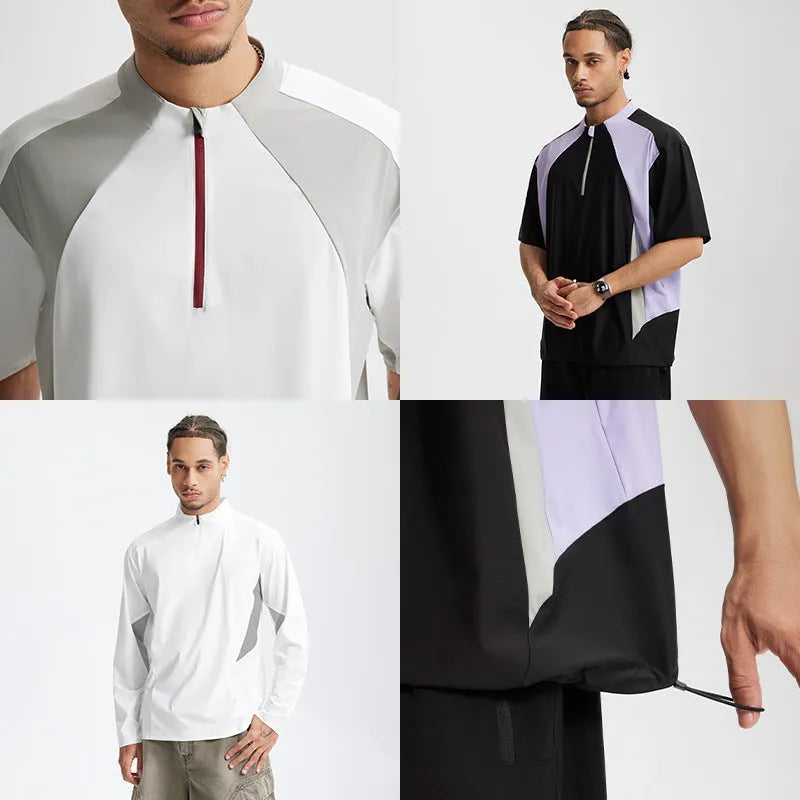 Men's solid colour polyester top with stitching detail, shown in black and beige, long sleeve and short sleeve versions.