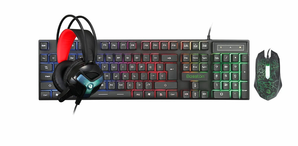 Wired USB keyboard and mouse bundle with gaming headset and mouse pad on desktop