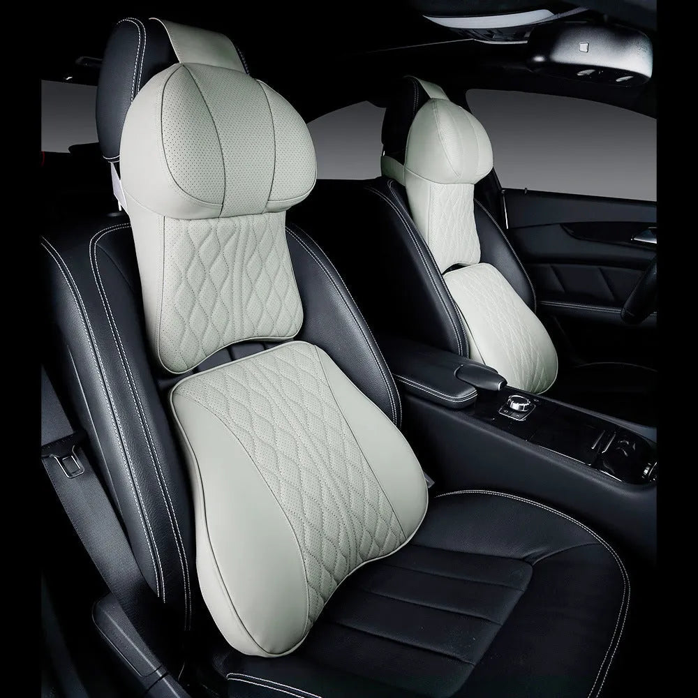 Beige car neck pillow and lumbar support pillow set with embroidered wavy pattern on polyester fabric