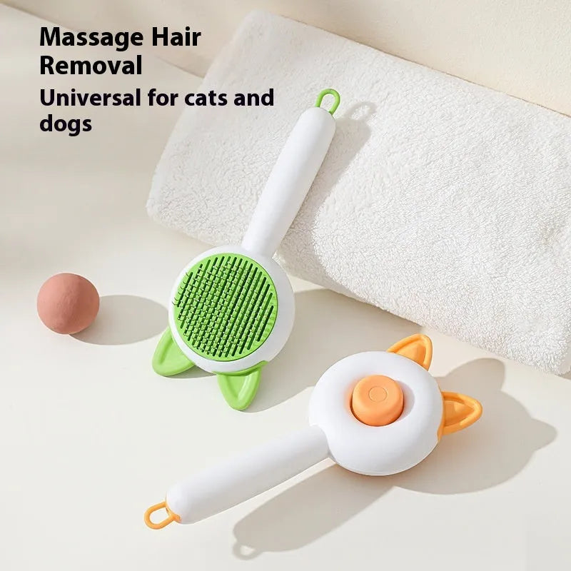 Self-cleaning pet hair remover comb for cats and dogs in greenish white and orange white