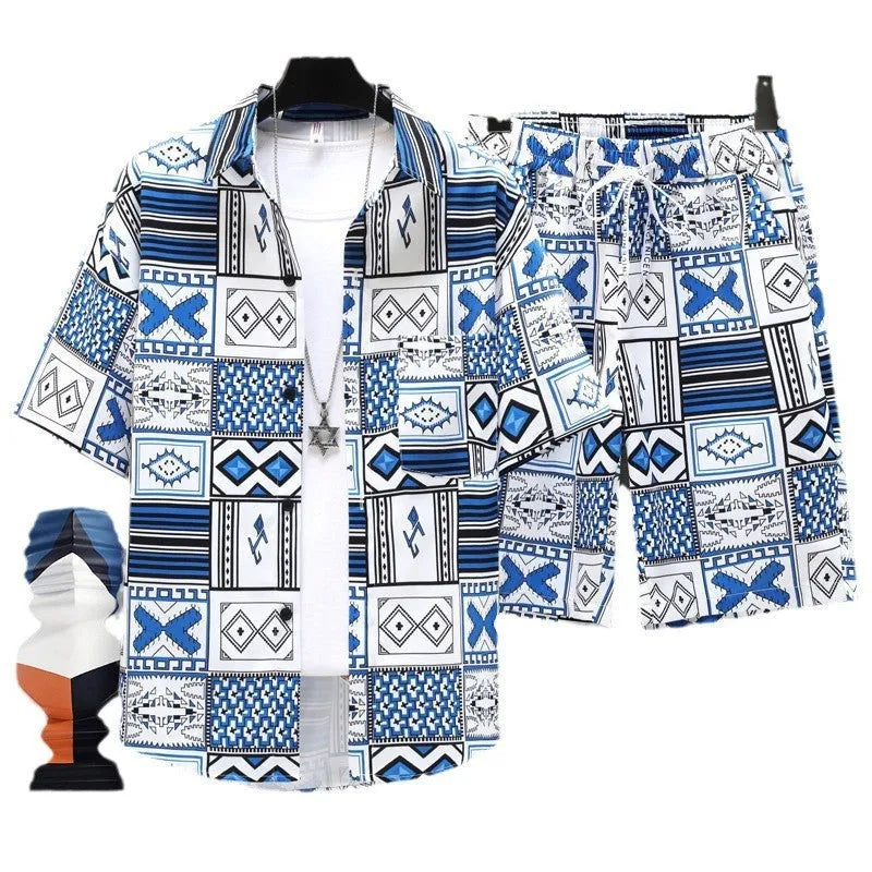 Men's casual sports two-piece set with short sleeve top and matching polyester shorts