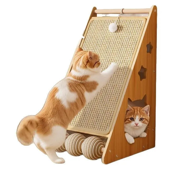 Vertical cat scratch board with sisal and hemp rope scratching surface mounted on wall