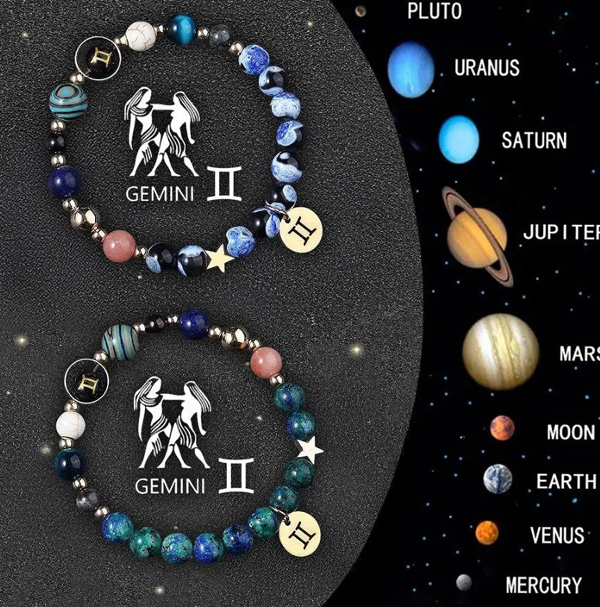 Two natural stone beaded bracelets displaying zodiac symbols on a textured background.