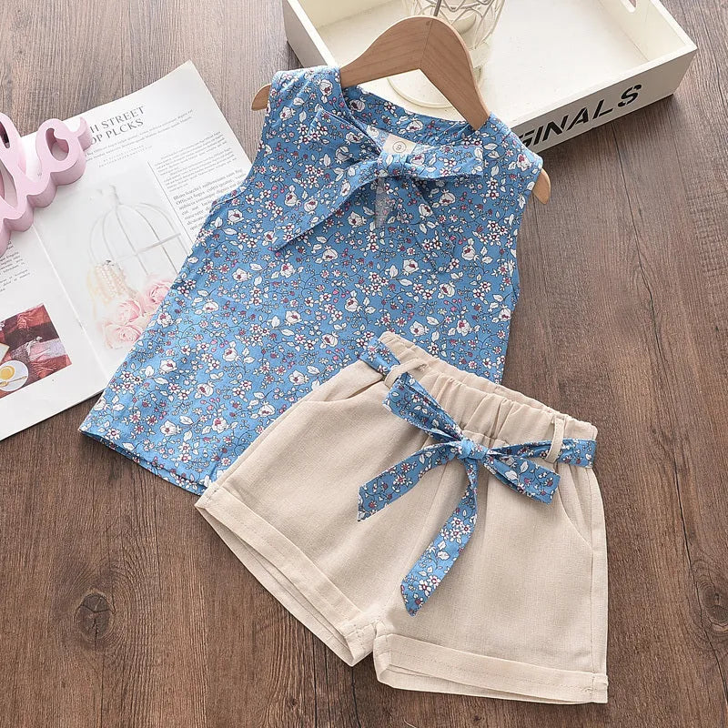 Girls chiffon sling two-piece summer suit sleeveless shorts set in pink with lace detail