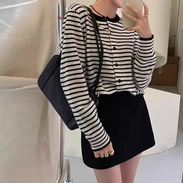 Dark grey and white striped viscose cardigan for women with French style design and slim fit