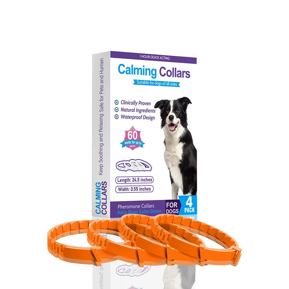 Four dog anxiety relief collars in different colours, showing Chinese style design and TPR material.