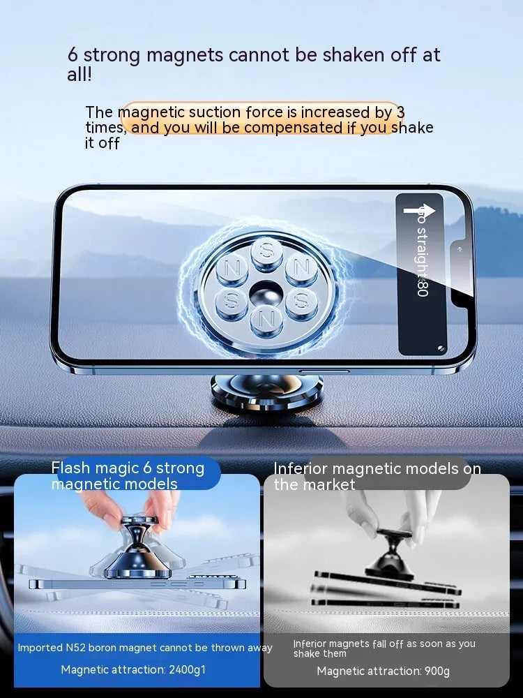 Shiny black alloy magnetic car phone holder with dashboard adhesive mount.