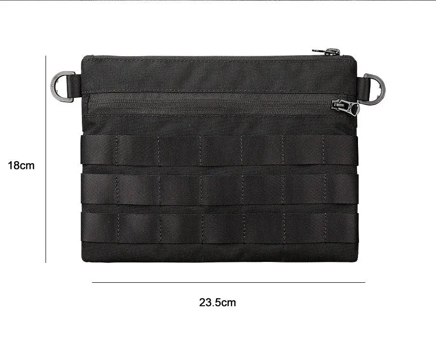 Black Oxford cloth outdoor belt bag with compact 18cm by 3.5cm dimensions for tactical and sports use