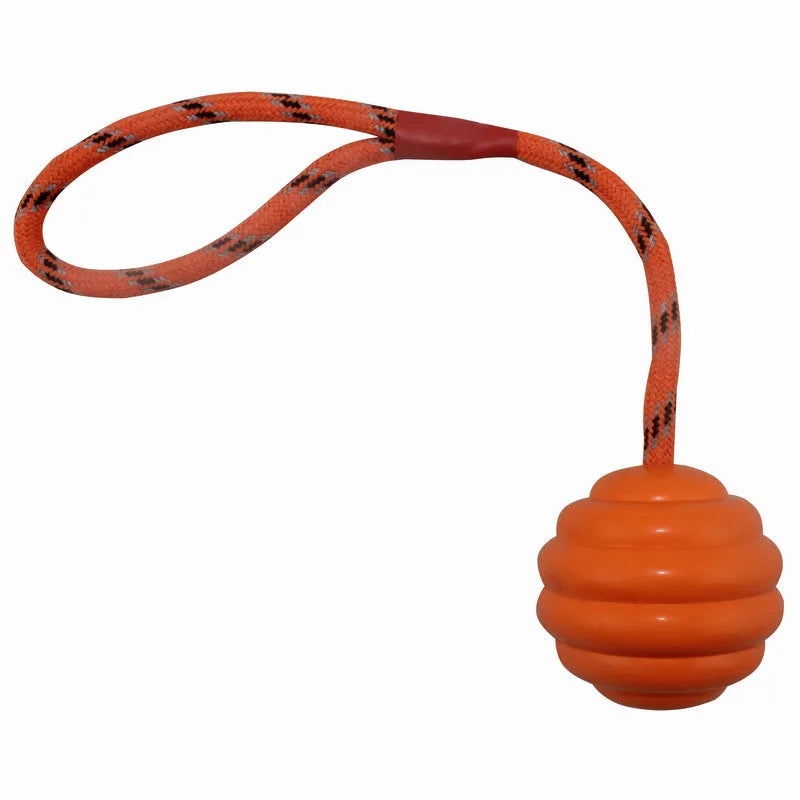 Rubber pet toy ball with rope knots in multiple colours for canine dental cleaning and training