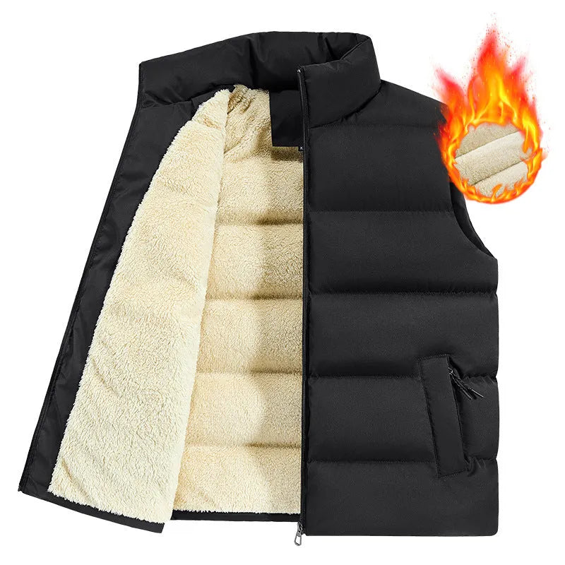 Men's striped lambswool vest or waistcoat in black, shown as a layering piece for winter.